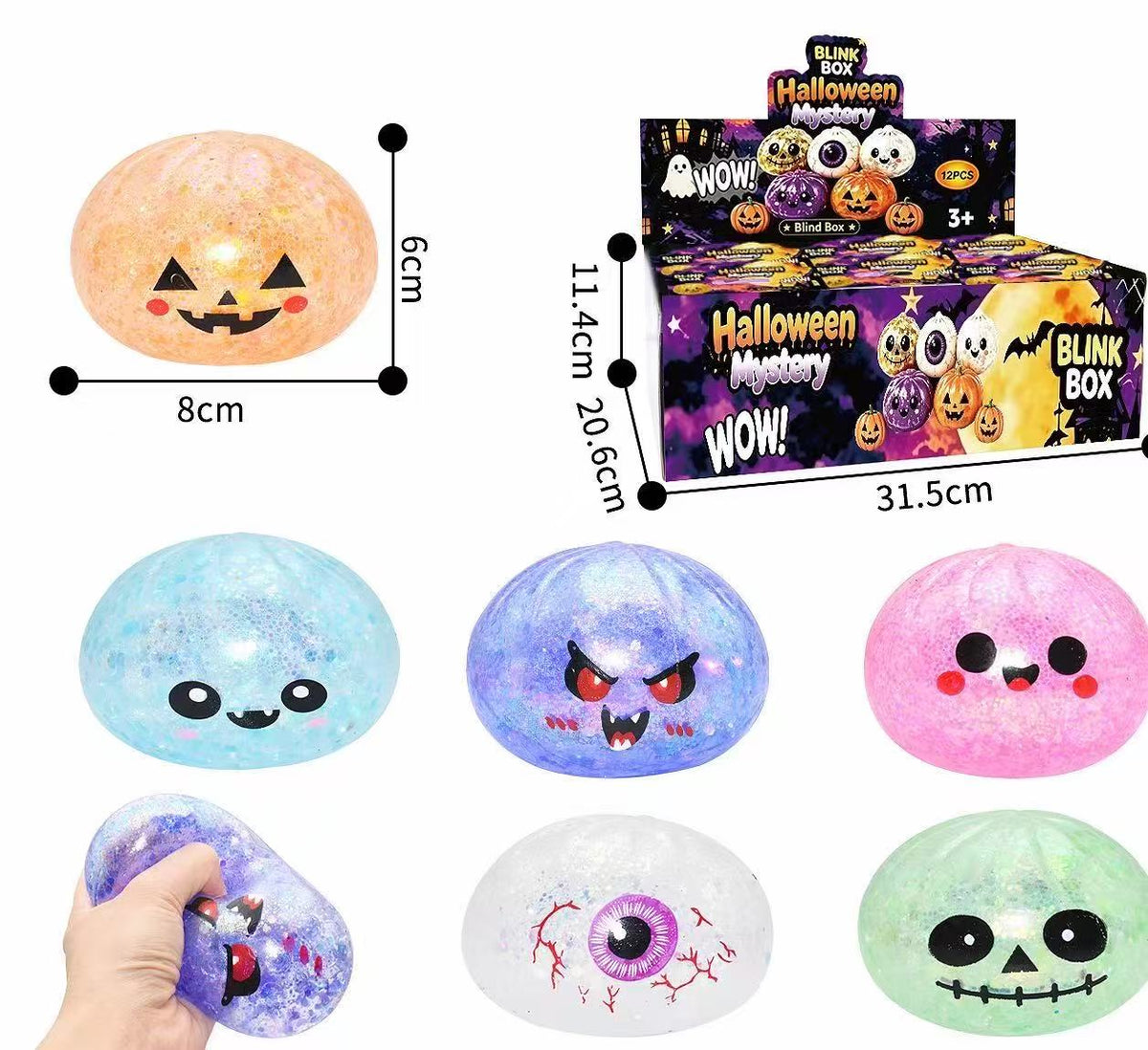 8.5 cm Glittery Halloween Dumpling squishy - Box of 12 Pieces