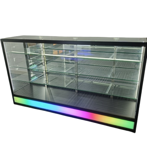 71” Glass Display Case with Lock & Bottom Lightbox – Black Aluminum Frame (18” W x 39” H)