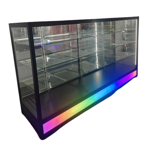 71” Glass Display Case with Lock & Bottom Lightbox – Black Aluminum Frame (18” W x 39” H)