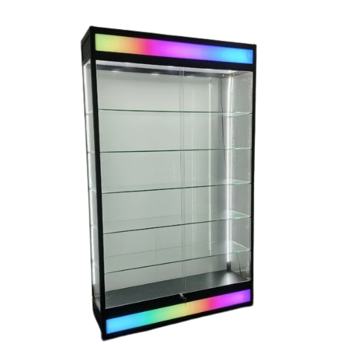 39” Glass Display Case with Lock & Lightbox – Black Aluminum Frame (14” W x 79” H)