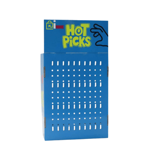 HOT PICKS Corrugated Counter Display Stand – Secure Retail Pegboard with Hooks & Locks Blue