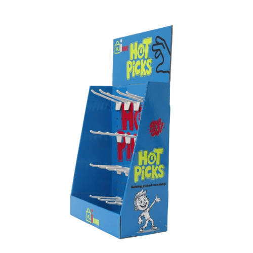 HOT PICKS Corrugated Counter Display Stand – Secure Retail Pegboard with Hooks & Locks Blue