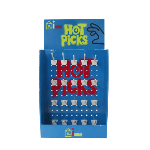 HOT PICKS Corrugated Counter Display Stand – Secure Retail Pegboard with Hooks & Locks Blue