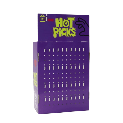HOT PICKS Corrugated Counter Display Stand – Secure Retail Pegboard with Hooks & Locks Purple