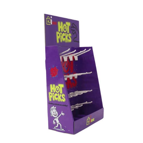 HOT PICKS Corrugated Counter Display Stand – Secure Retail Pegboard with Hooks & Locks Purple