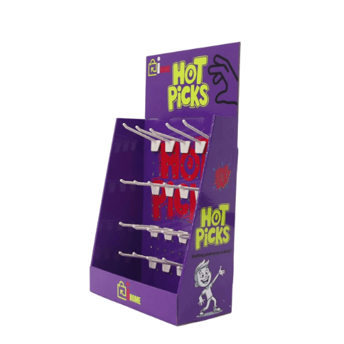 HOT PICKS Corrugated Counter Display Stand – Secure Retail Pegboard with Hooks & Locks Purple